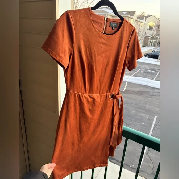 🆕✨ Tahari ASL Walnut Brown Faux Suede Sheath Dress Size 6 Gold Tie Career Midi - Picture 5 of 17